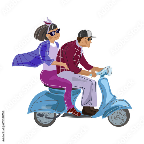 Vector cartoon illustration of old people driving a scooter ,vector illustration on a white background. Elderly happy couple traveling on a scooter. Active pensioners lifestyle