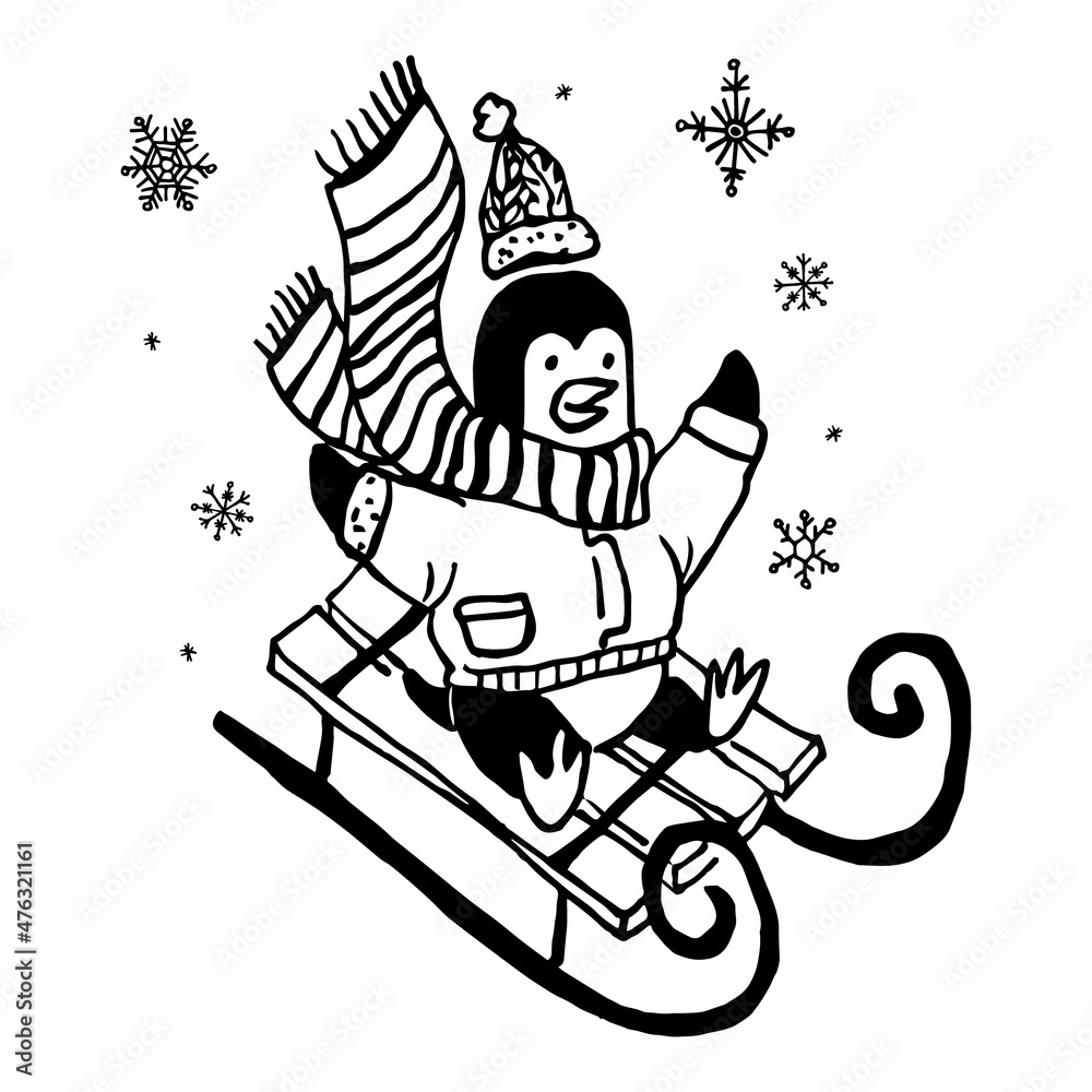 Vector linear doodle in black and white, BW illustration on the theme of the Winter Season, Christmas, New Year. A penguin is depicted riding down on a sledge. Snowflake background.