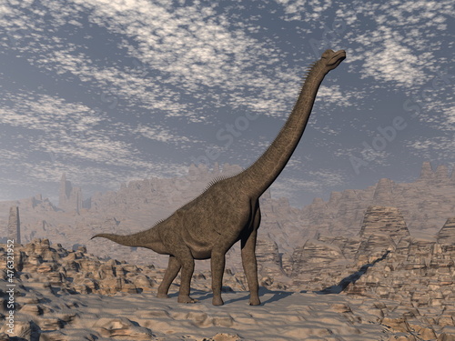 Brachiosaurus dinosaur in the desert - 3D render © Elenarts
