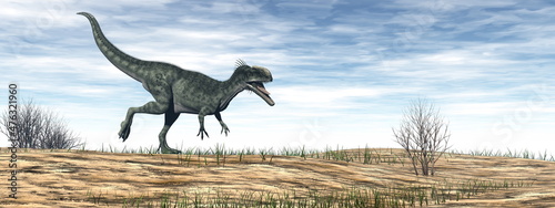 Monolophosaurus dinosaur walking in the desert by day - 3D render