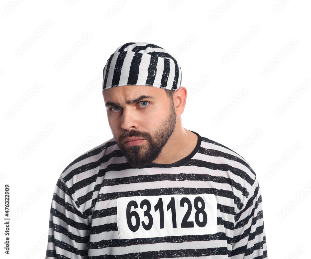 Fototapeta premium Prisoner in special uniform on white background