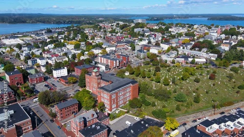 Aerial view of North School building and Eastern Cemetery on 248 Congress Street in downtown Portland, Maine ME, USA.  photo