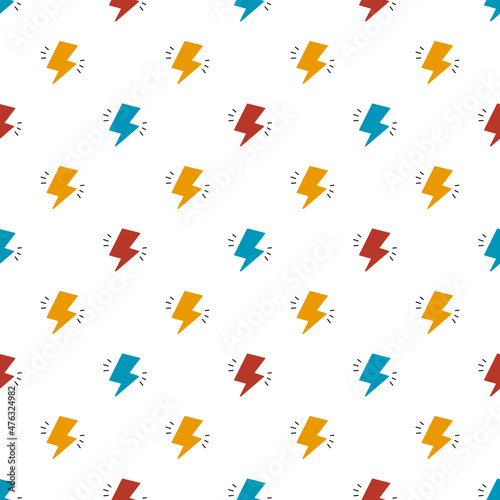 Vector Multicolored Flash. Lightning Bolts Seamless Pattern.  Colorful Background with Doodle Lightning Signs, Thunderbolts, Energy Thunder bolt. Rainbow colors. Vector illustration.