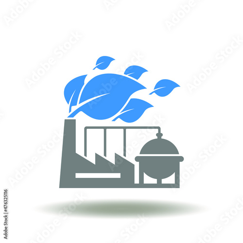 Vector illustration of factory with leaves exhaust. Icon of green emissions and carbon reduction. Symbol of ESG and industry 4.0.
