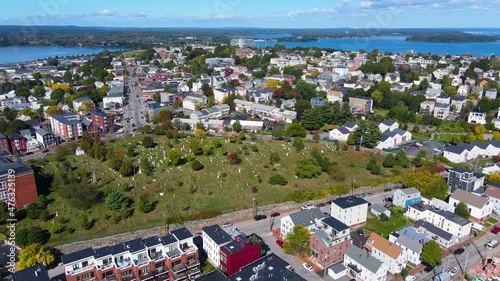 Aerial view of North School building and Eastern Cemetery on 248 Congress Street in downtown Portland, Maine ME, USA.  photo