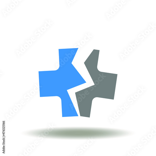 Vector illustration of medical cross broken half on. Icon of medicine malpractice. Symbol of pharmacy negligence.