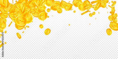 Indian rupee coins falling. Grand scattered INR coins. India money. Overwhelming jackpot, wealth or success concept. Vector illustration.