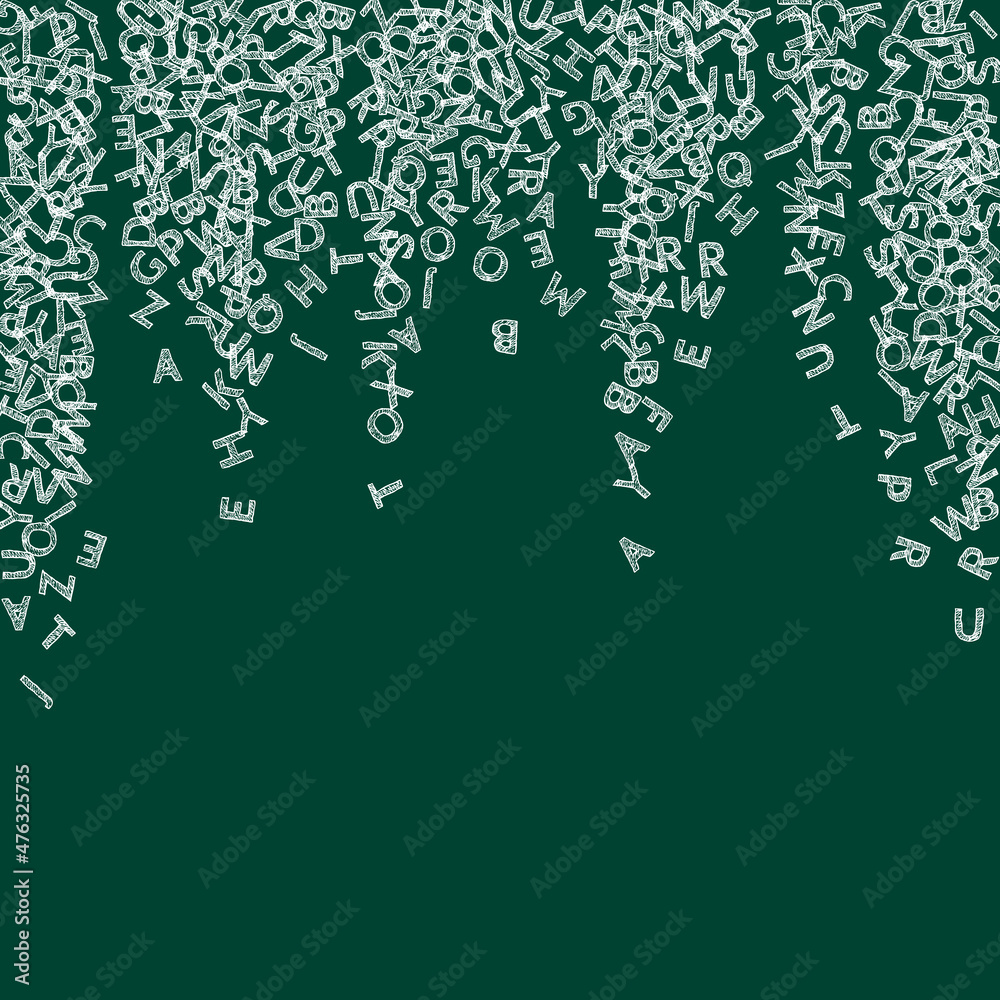 Falling letters of English language. Chalk sketch flying words of Latin alphabet. Foreign languages study concept. Surprising back to school banner on blackboard background. Falling letters of English language. Chalk sketch flying words of Latin alphabet. Foreign languages study concept. Surprising back to school banner on blackboard background.