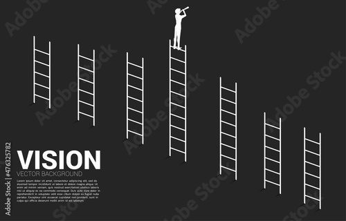 Business concept of vision and look forward. Silhouette of businessman looking through telescope with tallest ladder