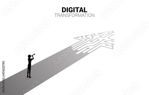 Silhouette of businessman looking through telescope on the way with dot connect line circuit. concept of digital transformation of business.