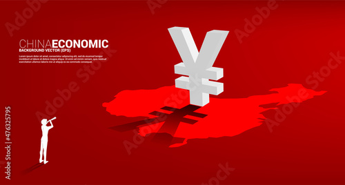 Silhouette of businessman looking through telescope to with money yuan currency icon 3D with shadow on china map. Concept for digital yuan financial and banking.