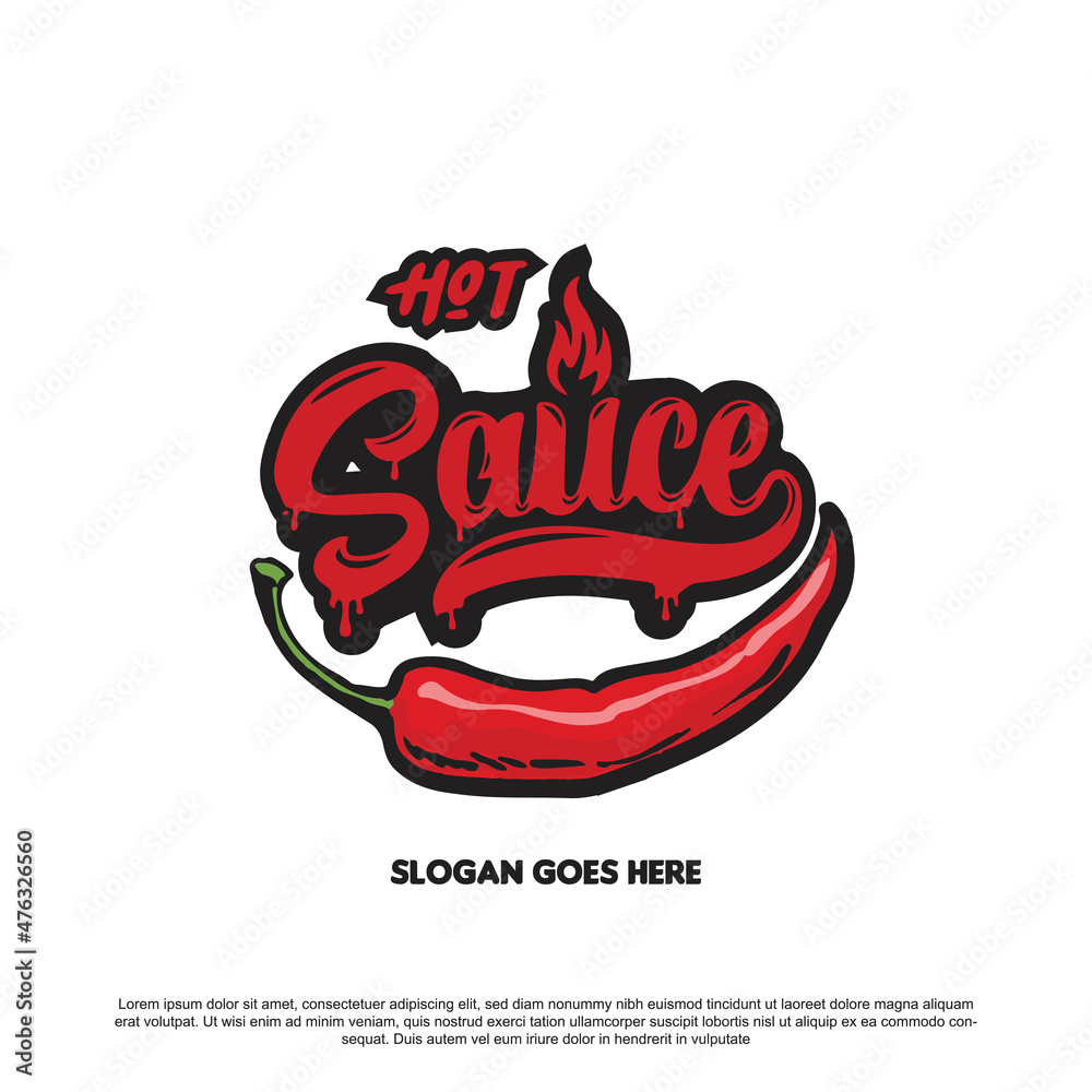 Hot sauce logo design. Hot sauce lettering with chili and fire vector