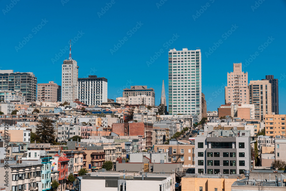 Panoramic cityscape view of San Francisco Nob hill area, which is historically known as a center of San Francisco upper class residential neighborhoods at day time, midtown, California, United States.