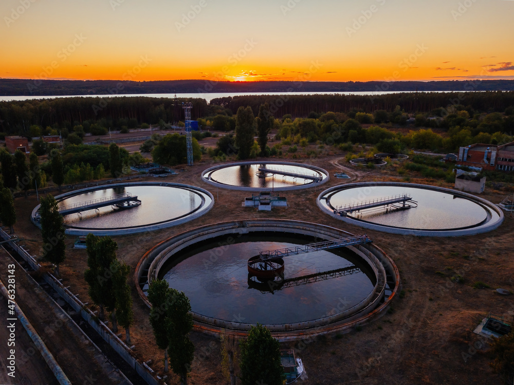 Modern sewage treatment plant, aerial view from drone - obrazy, fototapety, plakaty 