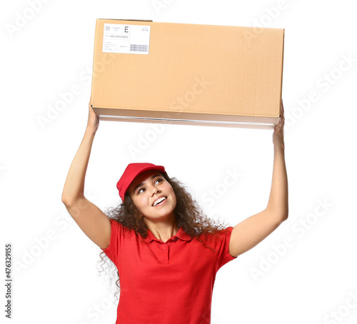 Female African-American courier with parcel on white background