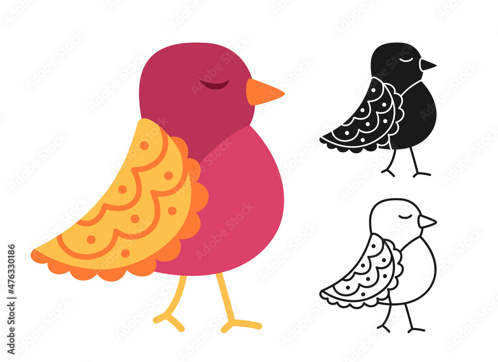 Bird with different ornaments cartoon or stamp, doodle outline set. Modern  trendy happy character comic birds. Hand drawn flat abstract fun sparrow.  Drawing vector illustration Stock Vector | Adobe Stock