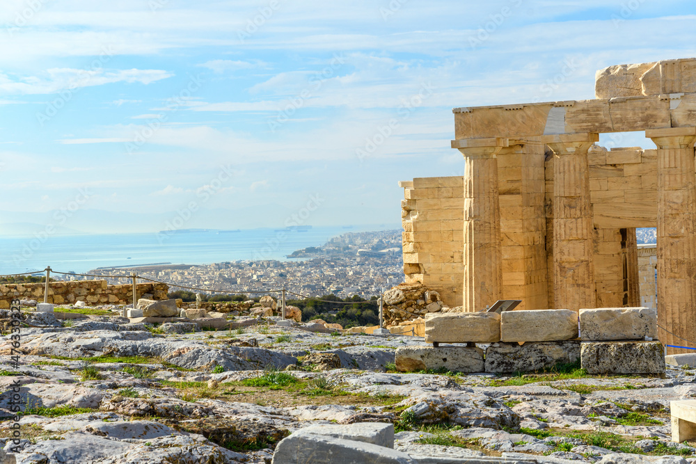 View of the Aegean sea and coast of Athens Greece from the Propylaea and Acropolis Hill.
