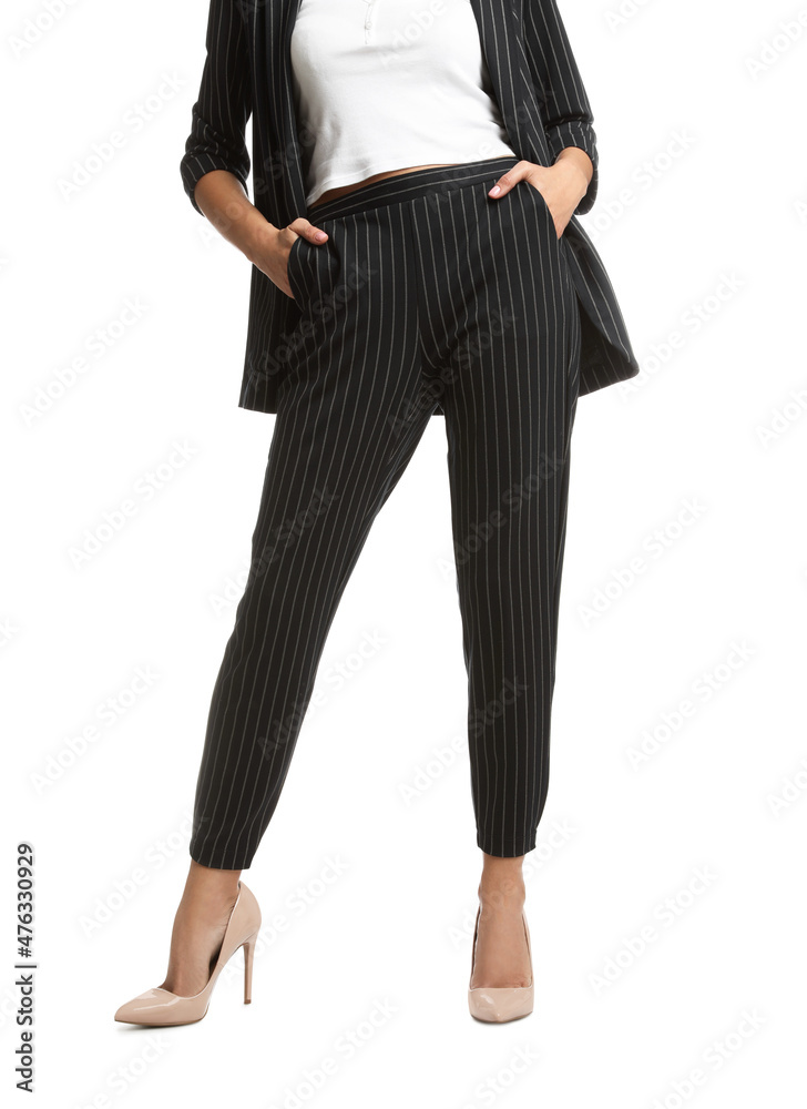 Woman in formal suit on white background, closeup. Business attire Woman in formal suit on white background, closeup. Business attire