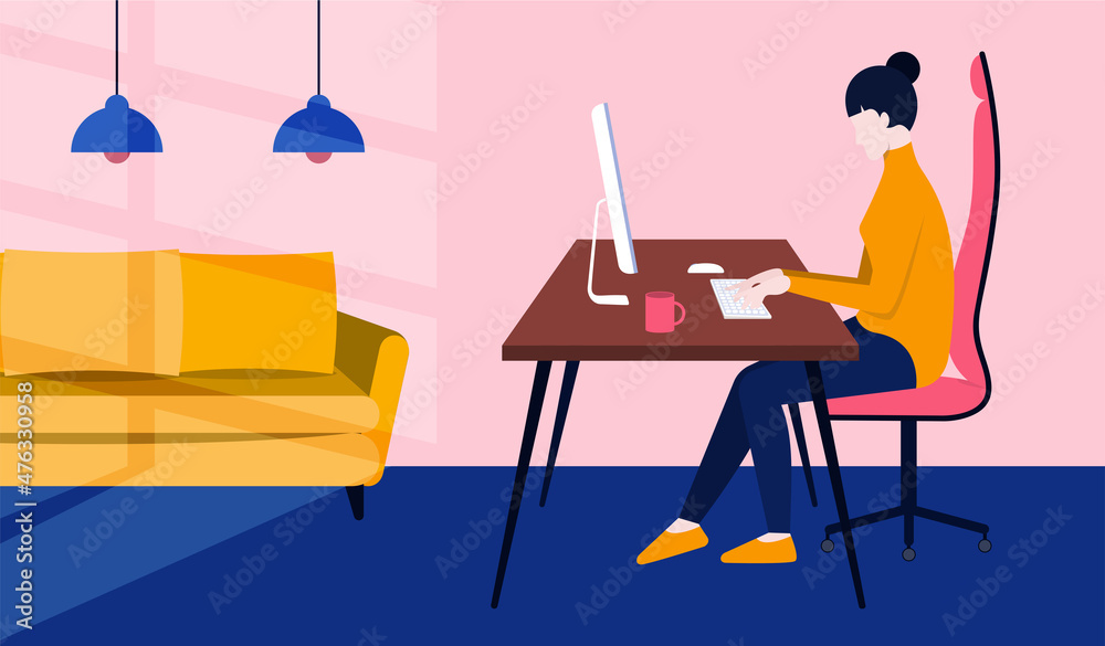 Freelancer at work. Vector illustration in flat design. Woman in sweater is working at computer in her house