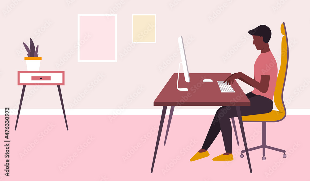 Freelancer man. Vector illustration with copy space. Young man is working on computer sitting at desk