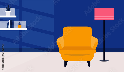 Minimal-styled room. Vector illustration in flat design. Nighttime interior with yellow armchair, retro-styled lamp and book shelves