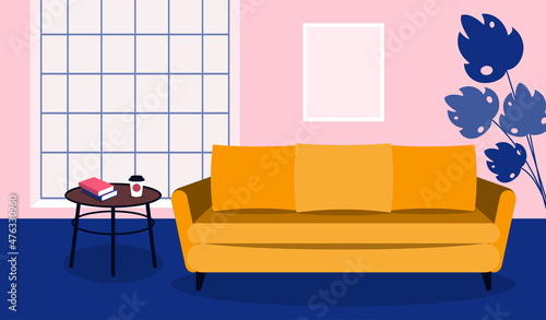 Living room interior. Vector illustration in flat design. Yellow sofa, coffee table, and monstera on pink colored wall