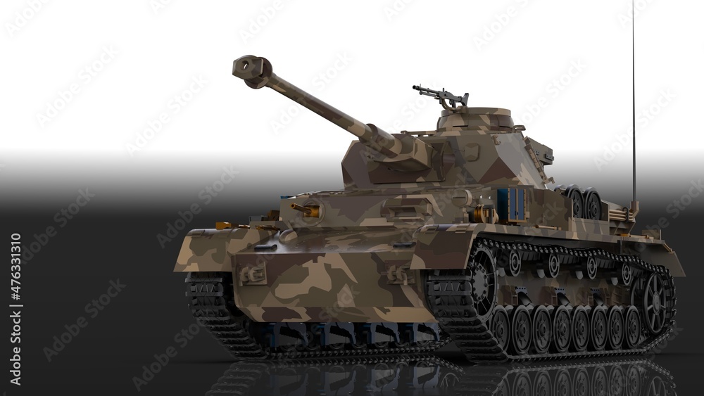 Metallic military camo painting tank on black-white flash lighting background. Concept image of power strength, dynamic strategy and Strong system. 3D illustration. 3D high quality rendering. 3D CG.