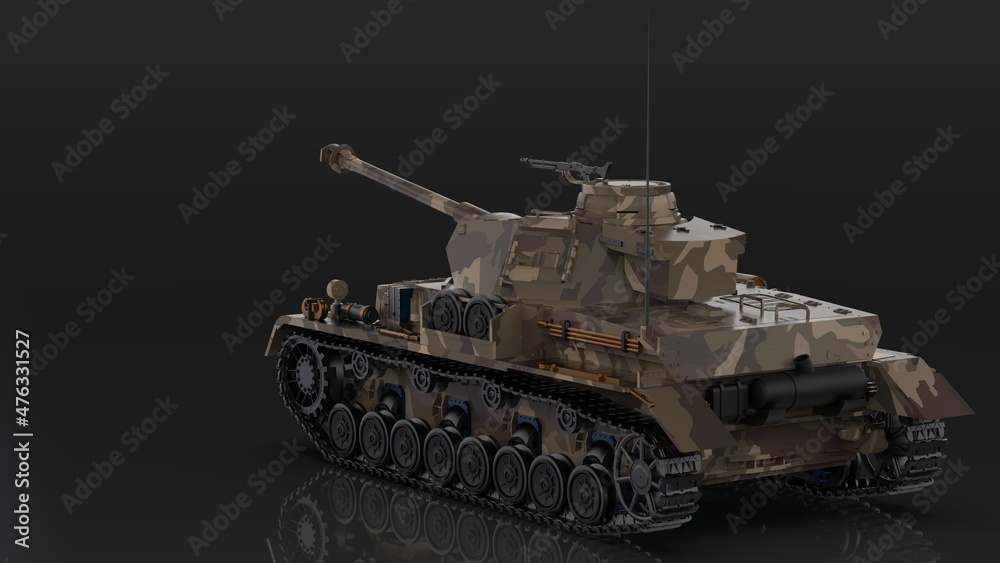 Naklejka premium Metallic military camo painting tank on black-white flash lighting background. Concept image of power strength, dynamic strategy and Strong system. 3D illustration. 3D high quality rendering. 3D CG.