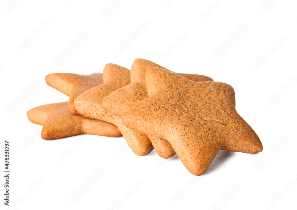 Delicious Christmas gingerbread cookies on white background