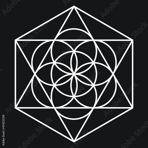 Simple overlapping circles and star design inside a hexagon in white outline on a black background