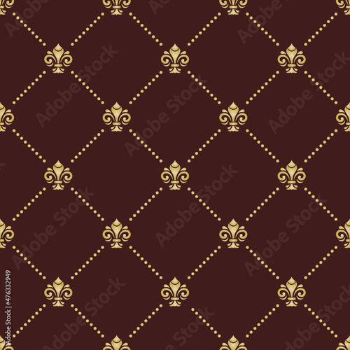 Seamless pattern. Modern geometric ornament with golden royal lilies. Classic vintage background