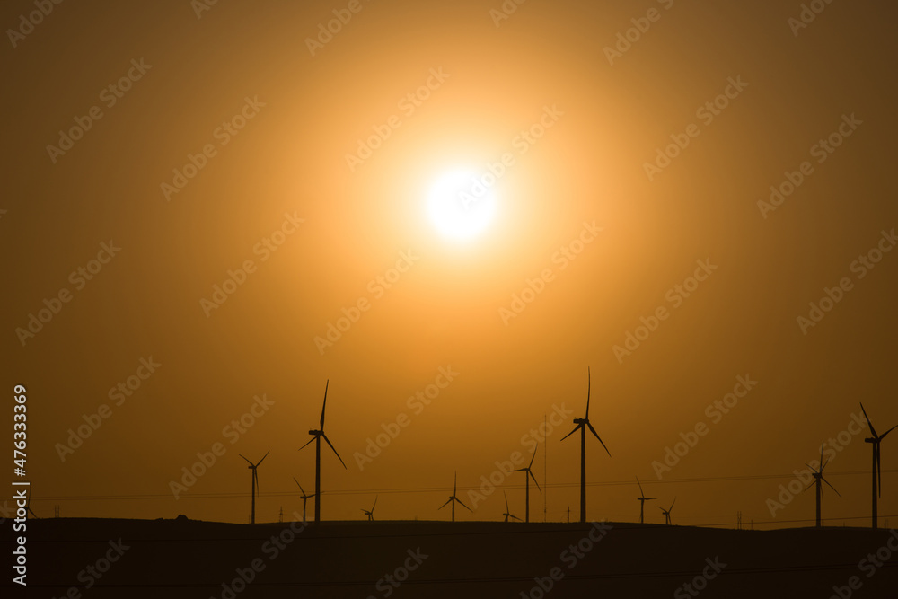 Obraz premium Wind farm landscape. At sunrise.