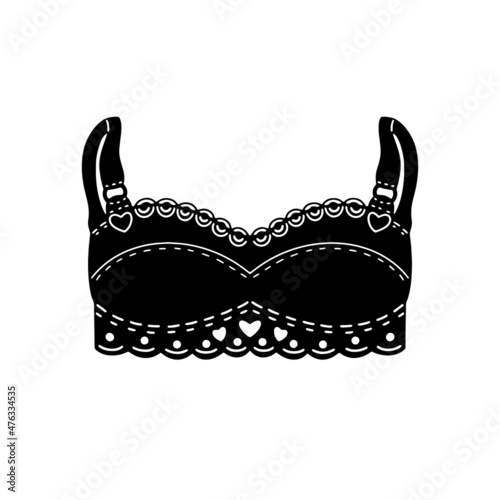 Bra design for underwear. Vector illustration of underwear. Black brassiere on a white background. Elegant lace bra, hand-drawn.