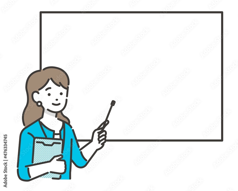 指示棒を持ってホワイトボードを指す女性の会社員のベクターイラスト素材/ビジネス/ビジネスウーマン/質問/説明 指示棒を持ってホワイトボードを指す女性の会社員のベクターイラスト素材/ビジネス/ビジネスウーマン/質問/説明