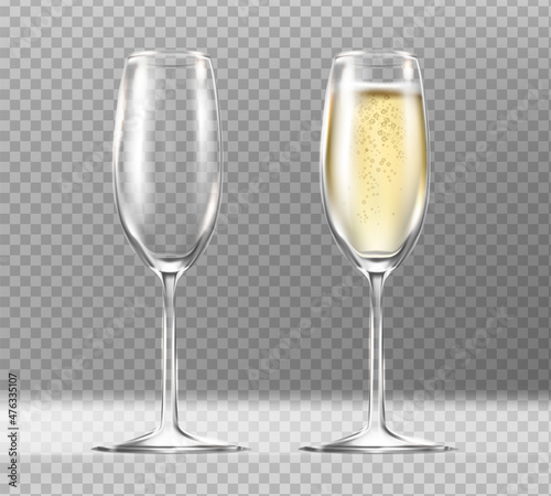 3d realistic vector icon. Set of two glassses with champagne. Empty and full. Isolated on transparent background.