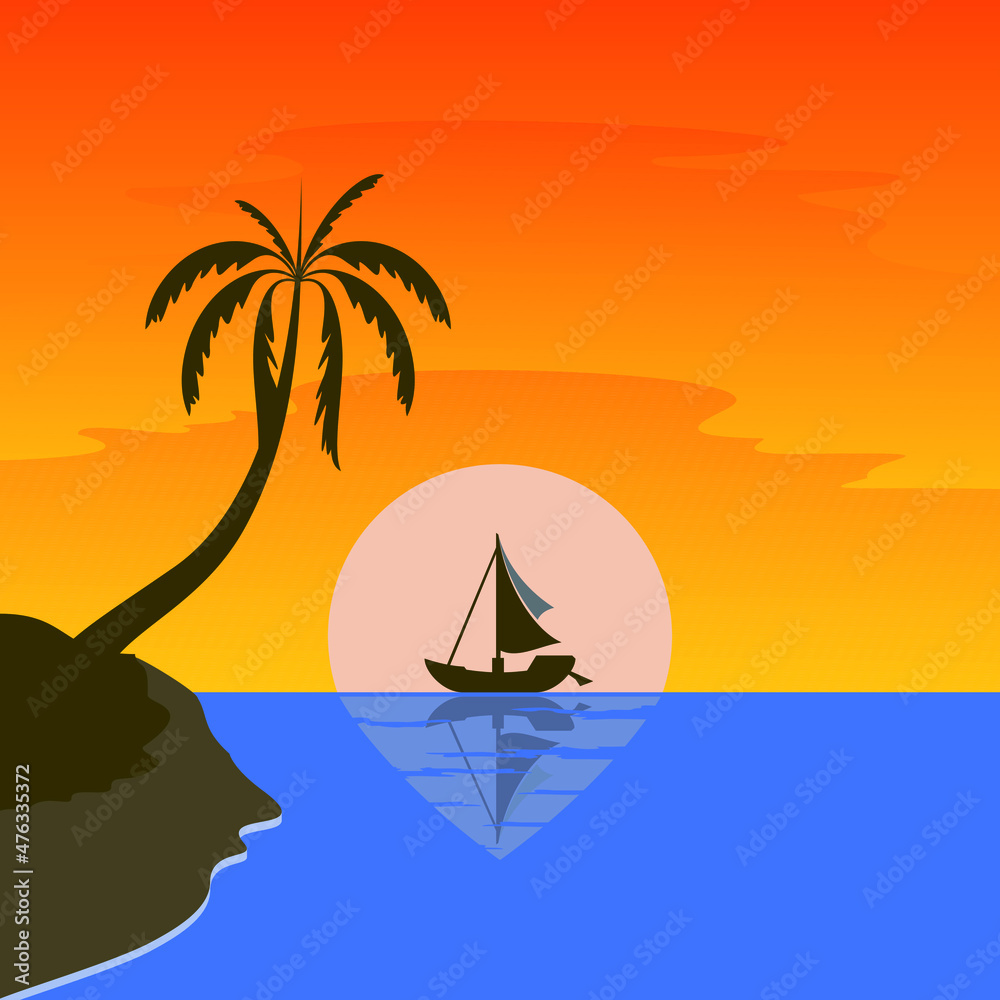 Background illustration of a sunset with a sailboat in the middle and the beach along with coconut trees, perfect for your business company product advertising background
