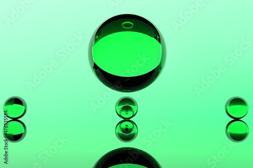 Transparent green balls on a green background asbtraction 3D renderer. Green saturated background concept abstraction glass balls. Design background green color minimalism serenity.