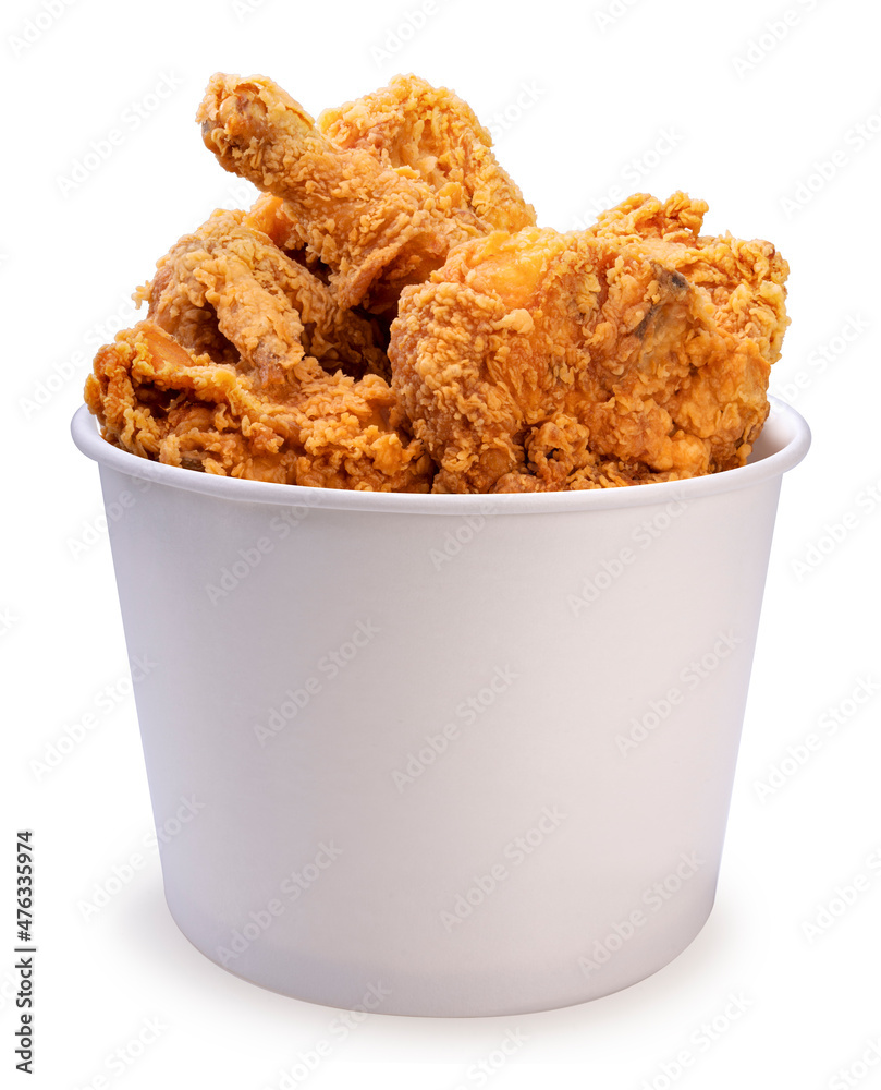 Fried chicken in paper bucket isolated on white background, Fried chicken  on white With clipping path. Stock Photo | Adobe Stock
