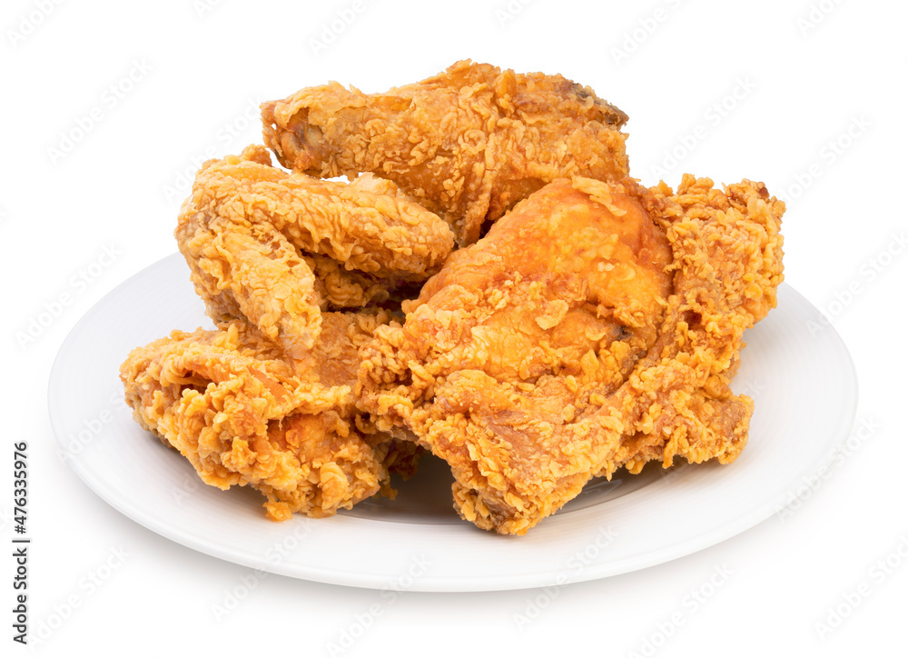 Fried chicken in white plate isolated on white background, Fried chicken on white With clipping path. Fried chicken in white plate isolated on white background, Fried chicken on white With clipping path.