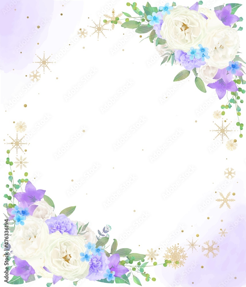 雪の結晶と美しい白いバラの花と紫色の花とブルースターのゴールドが散りばめられた水彩画風フレームベクターイラスト 雪の結晶と美しい白いバラの花と紫色の花とブルースターのゴールドが散りばめられた水彩画風フレームベクターイラスト