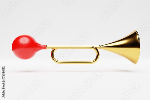 3d illustration of a trumpet musical instrument in gold-red color in cartoon style on a white isolated background.