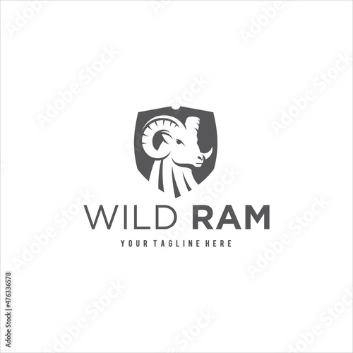 Ram Goat Head and Shield Logo Design Vector Image