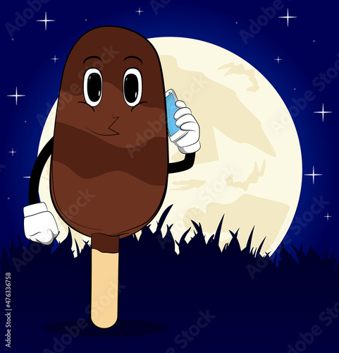 Ice Cream talking on cell phone. Summer refreshment, sweet food as a cartoon character with face.