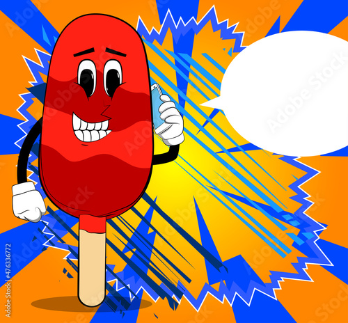 Ice Cream talking on cell phone. Summer refreshment, sweet food as a cartoon character with face.