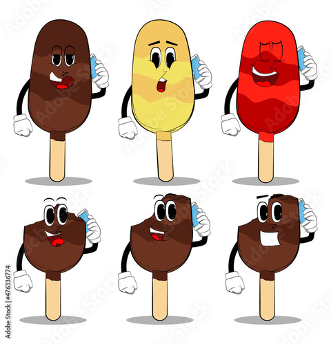 Ice Cream talking on cell phone. Summer refreshment, sweet food as a cartoon character with face.