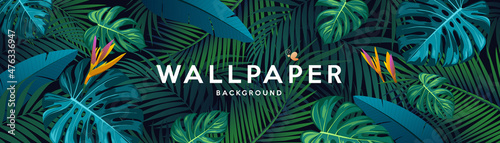 Tropical green leaf wallpaper banner design background, Eps 10 vector illustration
