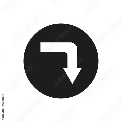 Corner right down arrow. Black circle. Direction traffic sign. Navigation concept. Vector illustration. Stock image.
