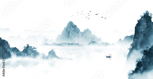 New Chinese blue artistic conception landscape painting © 心灵艺坊