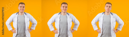 young male doctor in a white coat put his hands on his belt on a yellow background  three portraits