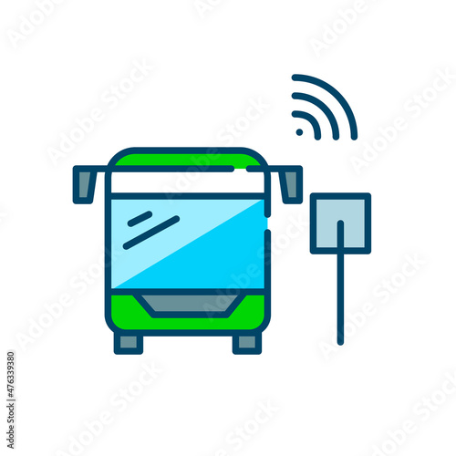 Smart public transportation. Bus with wireless sensors on a bus stop. Pixel perfect, editable stroke colorful icon